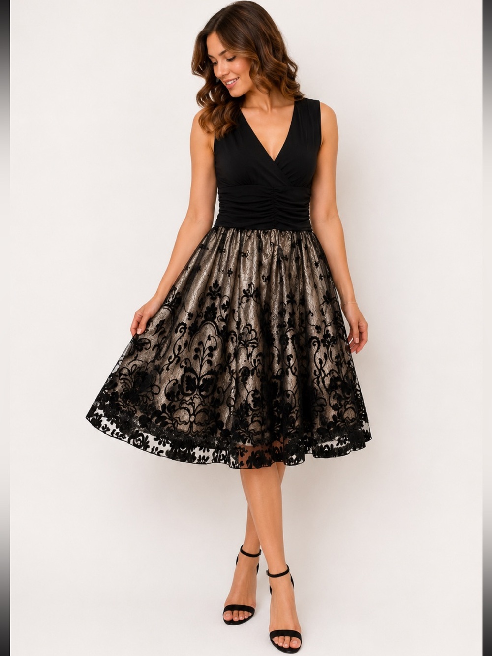 Black Lace Overlay Gold Fit & Flare Cocktail Dress